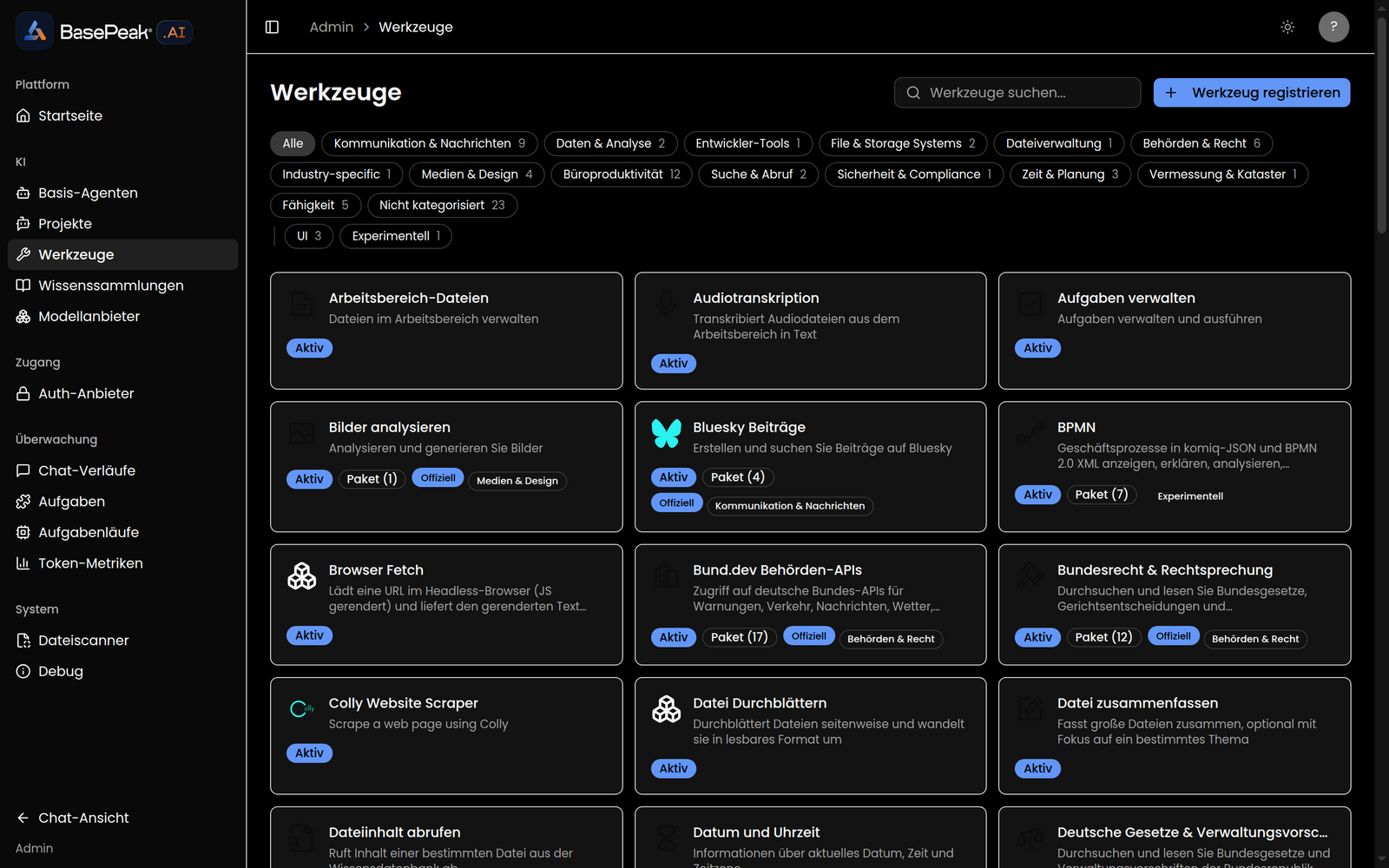 Werkzeug-Katalog in BasePeak.AI