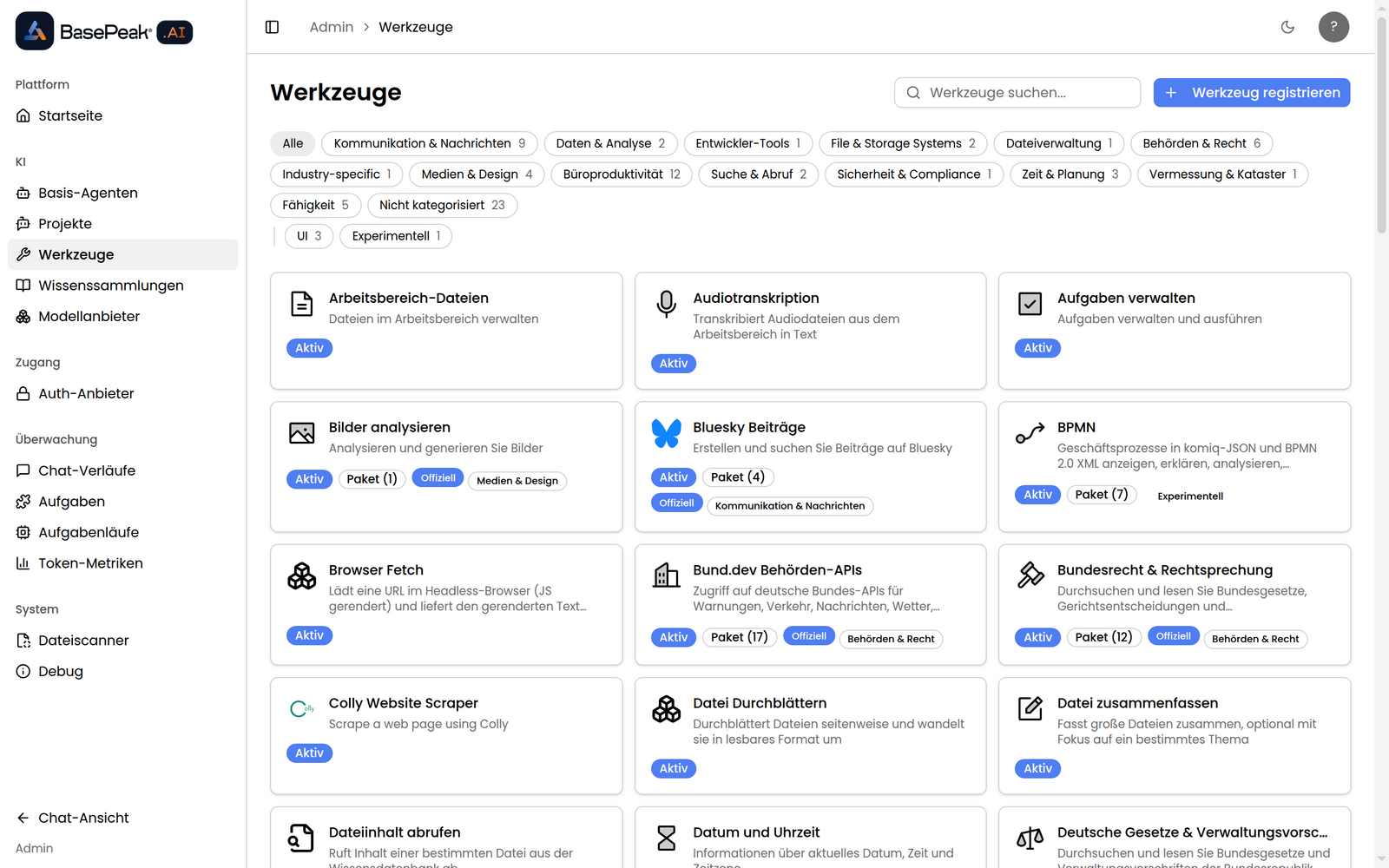 Werkzeug-Katalog in BasePeak.AI